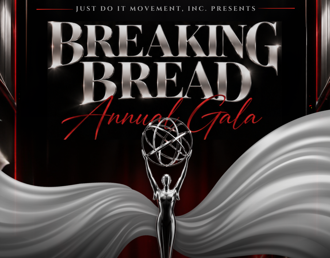 Breaking Bread Annual Gala 2026 event flyer featuring an elegant black, silver, and red awards-themed design with a silver trophy.